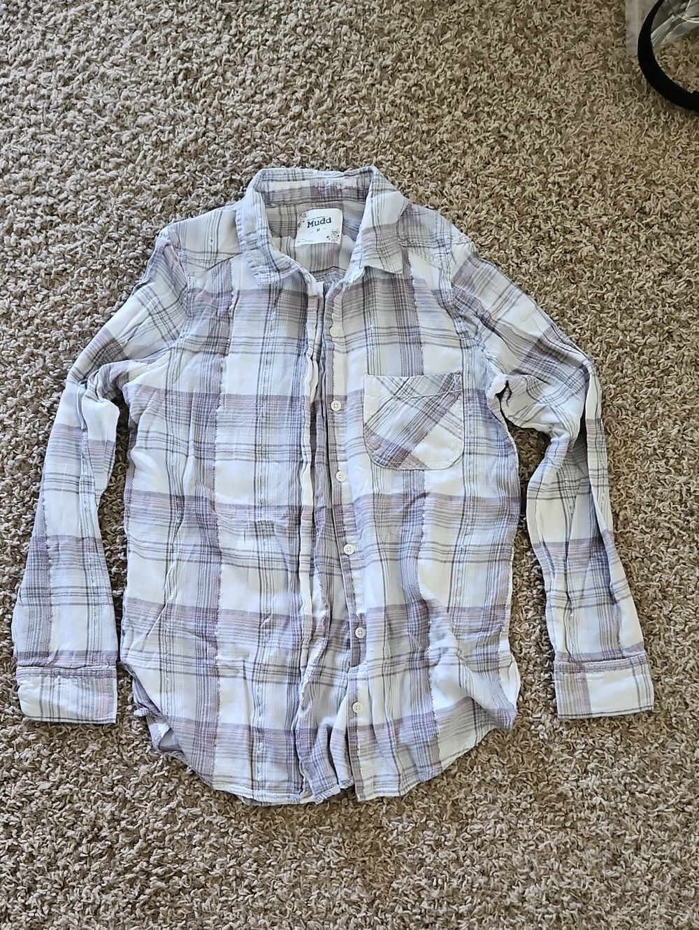 Mudd White and Light Purple Plaid Women's Button-Down Shirt